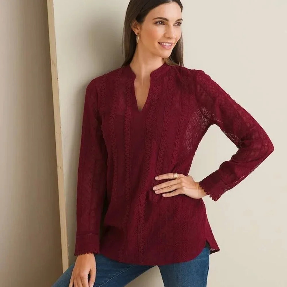 Chico's Popover Blouse Womens Size 1 8/10 M Burgundy Red V-Neck See Through Lace - Picture 2 of 13